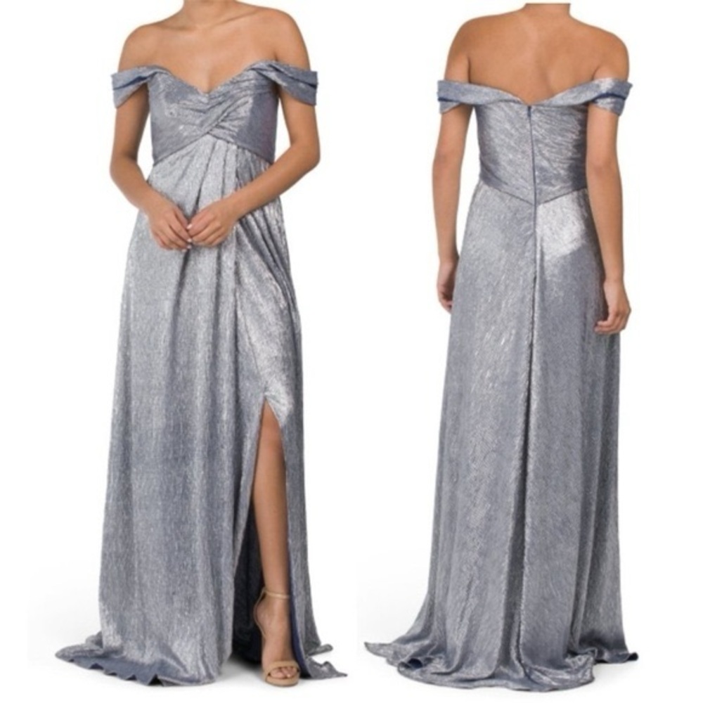 Rene Ruiz Metallic goddess off the shoulder gown 2